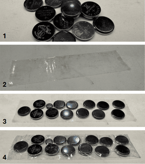 Example of Taping Lithium Coin Cell (or Button) Batteries. (1) Loose coin cell batteries. (2) Tape. (3) Place coin cell batteries on sticky side of tape. Prevent touching. (4) Place another piece of tape on top of the batteries to hold them in place. These taped coin cell batteries can then be placed in a battery recycling pail for disposal by OEHS.